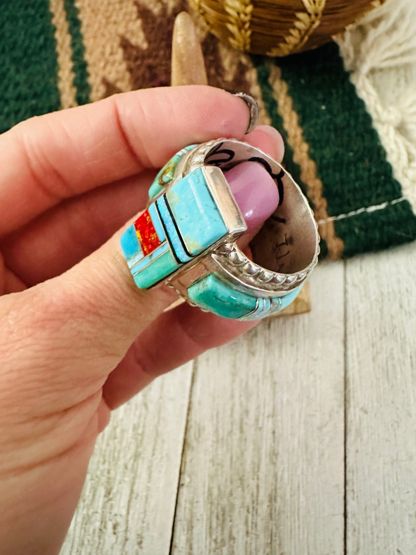 Handcrafted Sterling Silver & Multi Stone Inlay Ring Size 13
