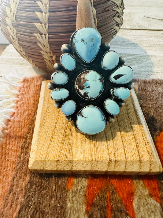 Handcrafted Golden Hills Turquoise & Sterling Silver Cluster Ring Size 8