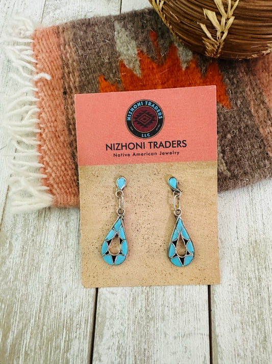 Handcrafted Sterling Silver,  Turquoise & Onyx Inlay Dangle Earrings