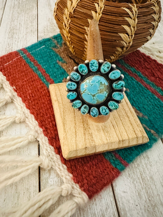 Handcrafted Turquoise & Sterling Silver Cluster Ring Size 7.25 by Blaine Yellowhorse
