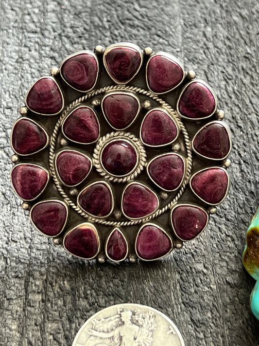 Handcrafted Sterling Silver and Purple Spiny Oyster Cluster Ring by Tyler Brown, Adjustable