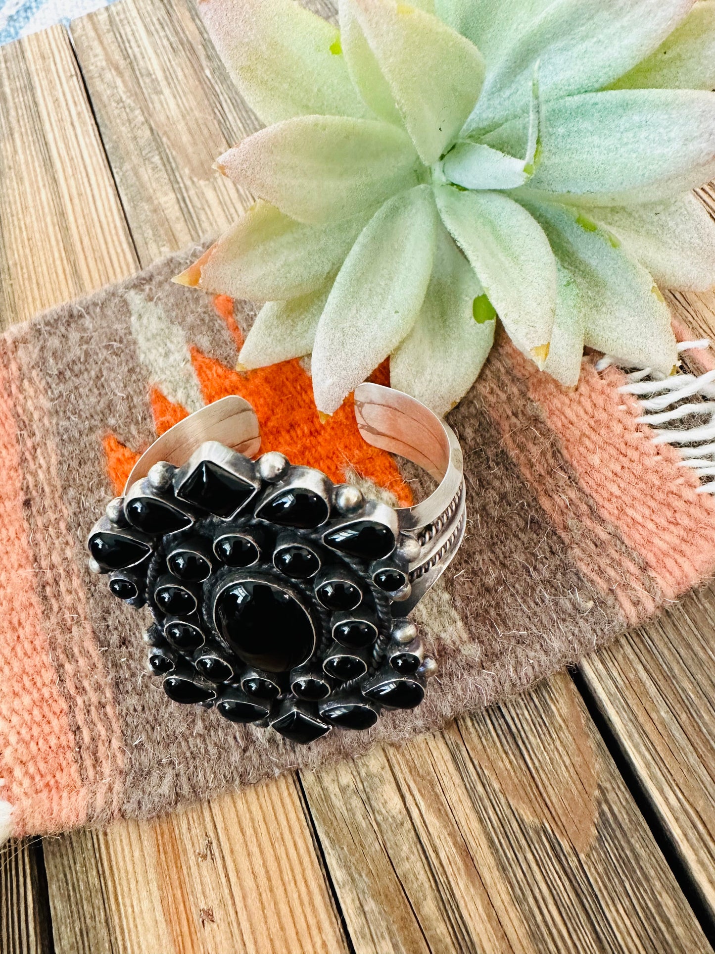 Black Onyx & Sterling Silver Cluster Cuff Bracelet /