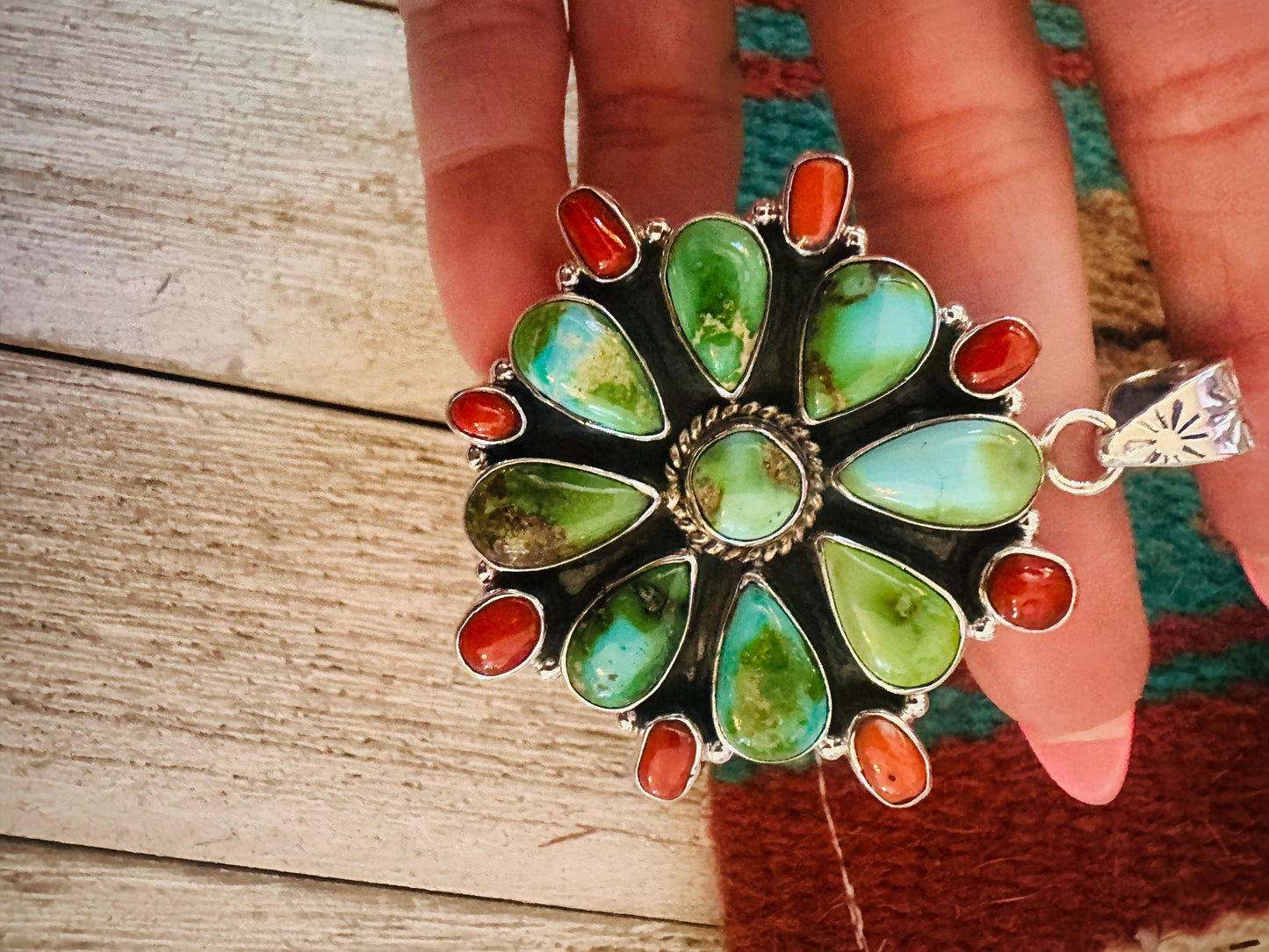 ** Christmas Collection ** Handmade Sterling Silver, Turquoise & Coral Pendant Signed Nizhoni