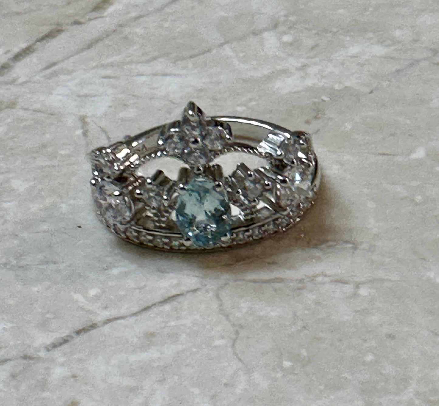 Aquamarine & CZ Oval Stone Crown Sterling Silver Ring Size 6