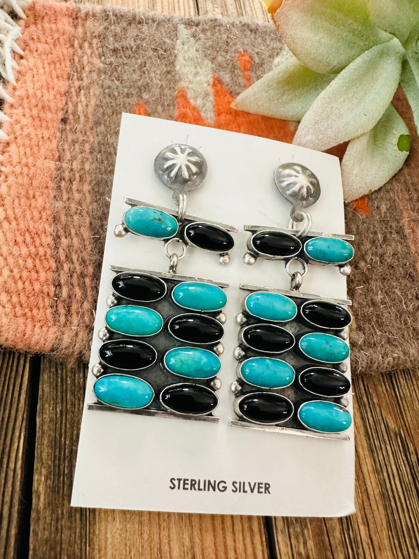 Handcrafted Turquoise, Onyx & Sterling Silver Dangle Earrings