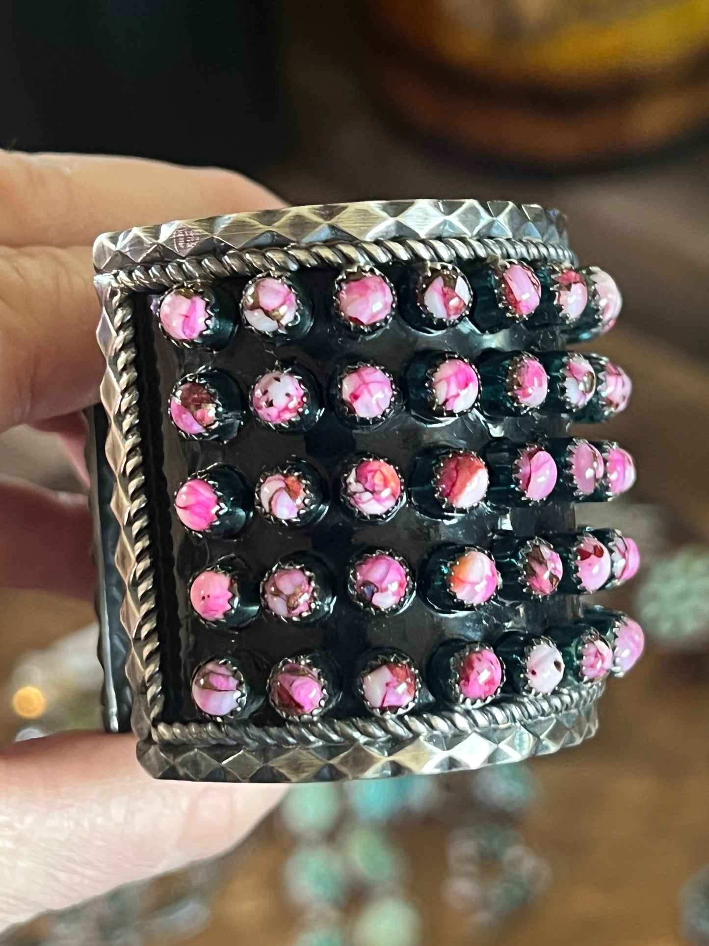 Handcrafted Sterling Silver and Pink Dream Mohave Snake Eye Style Five Row Cuff Bracelet, Signed BJ /