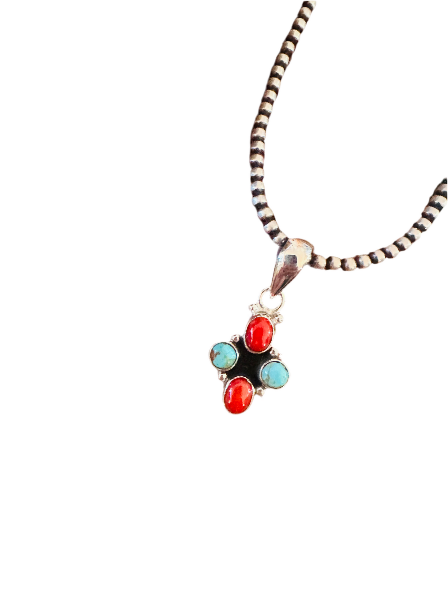 ** Christmas Collection ** Handmade Sterling Silver, Coral & Turquoise Pendant Signed Nizhoni