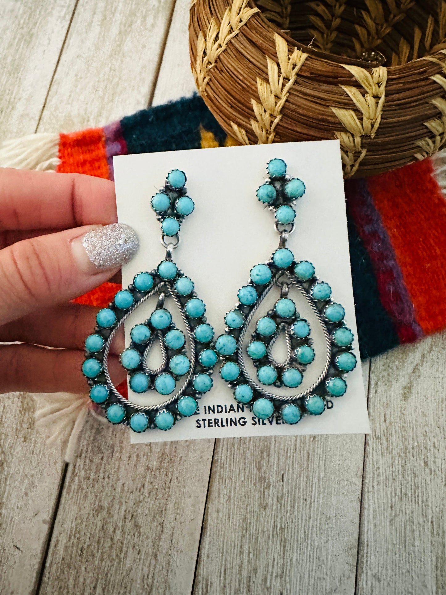 Handcrafted Sterling Silver & Turquoise Cluster Dangle Earrings