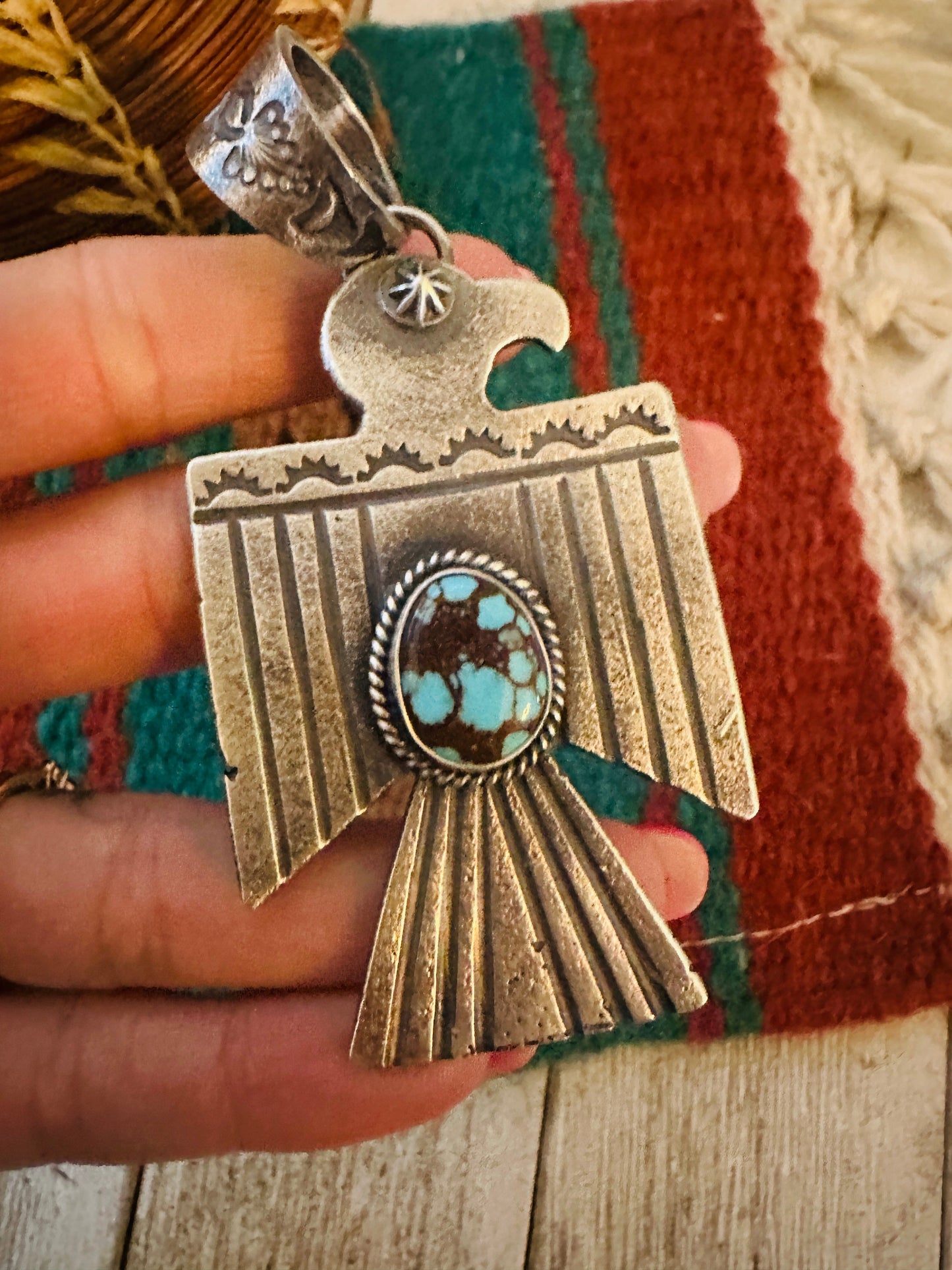 Handcrafted Sterling Silver & Turquoise Number 8 Thunderbird Pendant by Kevin Billah