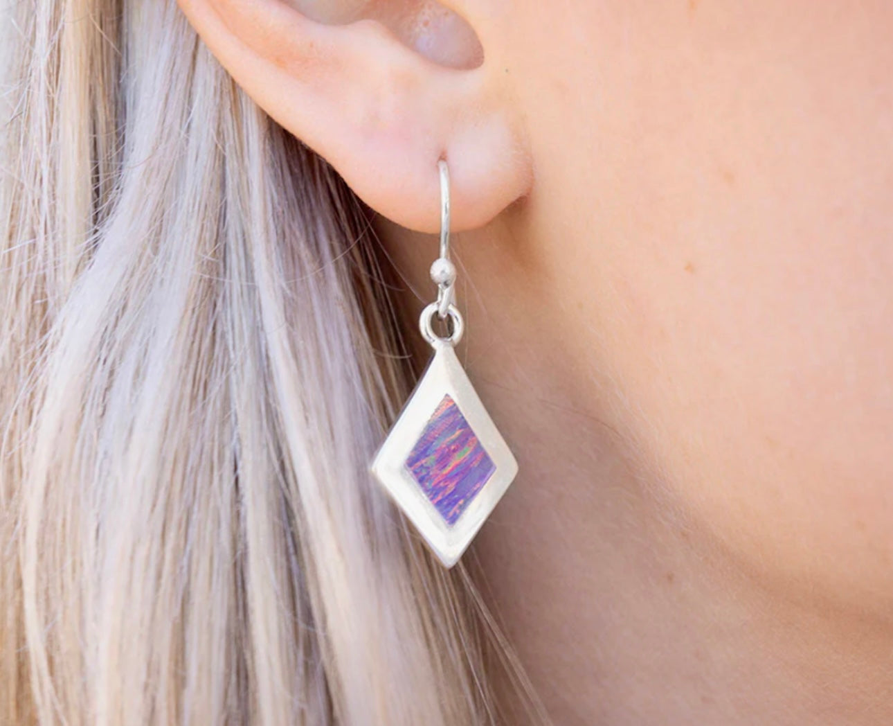 Lilac Opal Inlay Sterling Silver Earrings on Hook