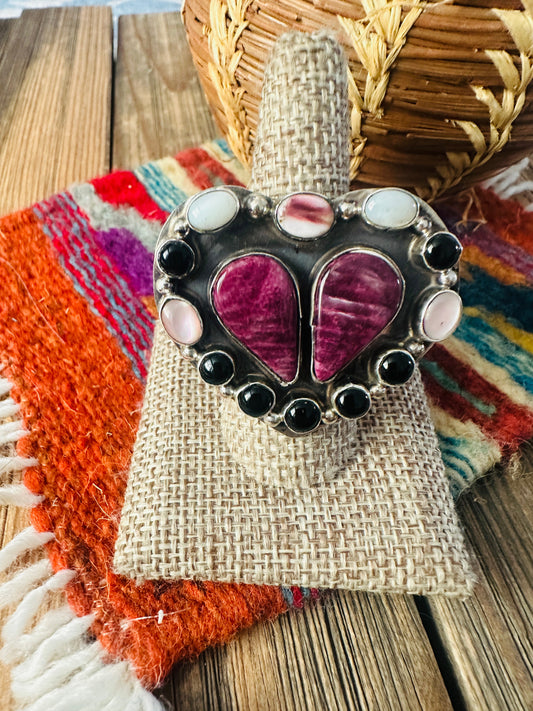 Handcrafted Multi Stone & Sterling Silver Adjustable Heart Ring by Jacqueline Silver