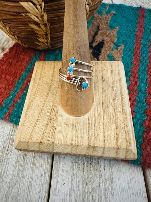 Handcrafted Turquoise, Coral & Sterling Silver Heart Adjustable Ring