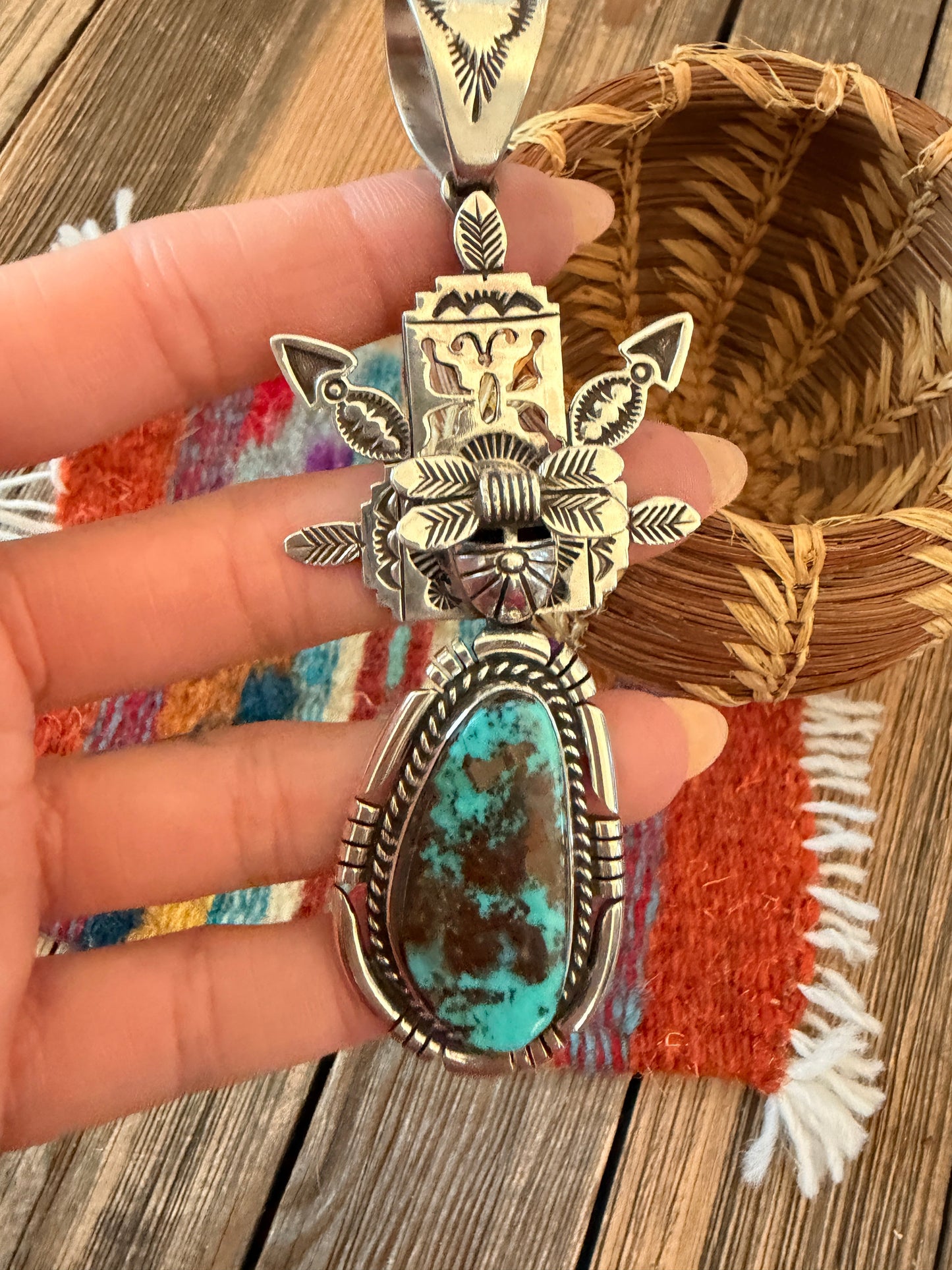 Handcrafted Sterling Silver and Valley Blue Turquoise Kachina Pendant by Freddy Charley