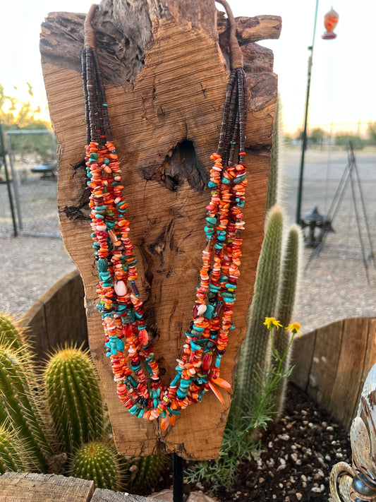 Gorgeous Handcrafted Made Six Strand Spiny Oyster and Turquoise Beaded Squaw Wrap Necklace with Spiny Oyster Tabs