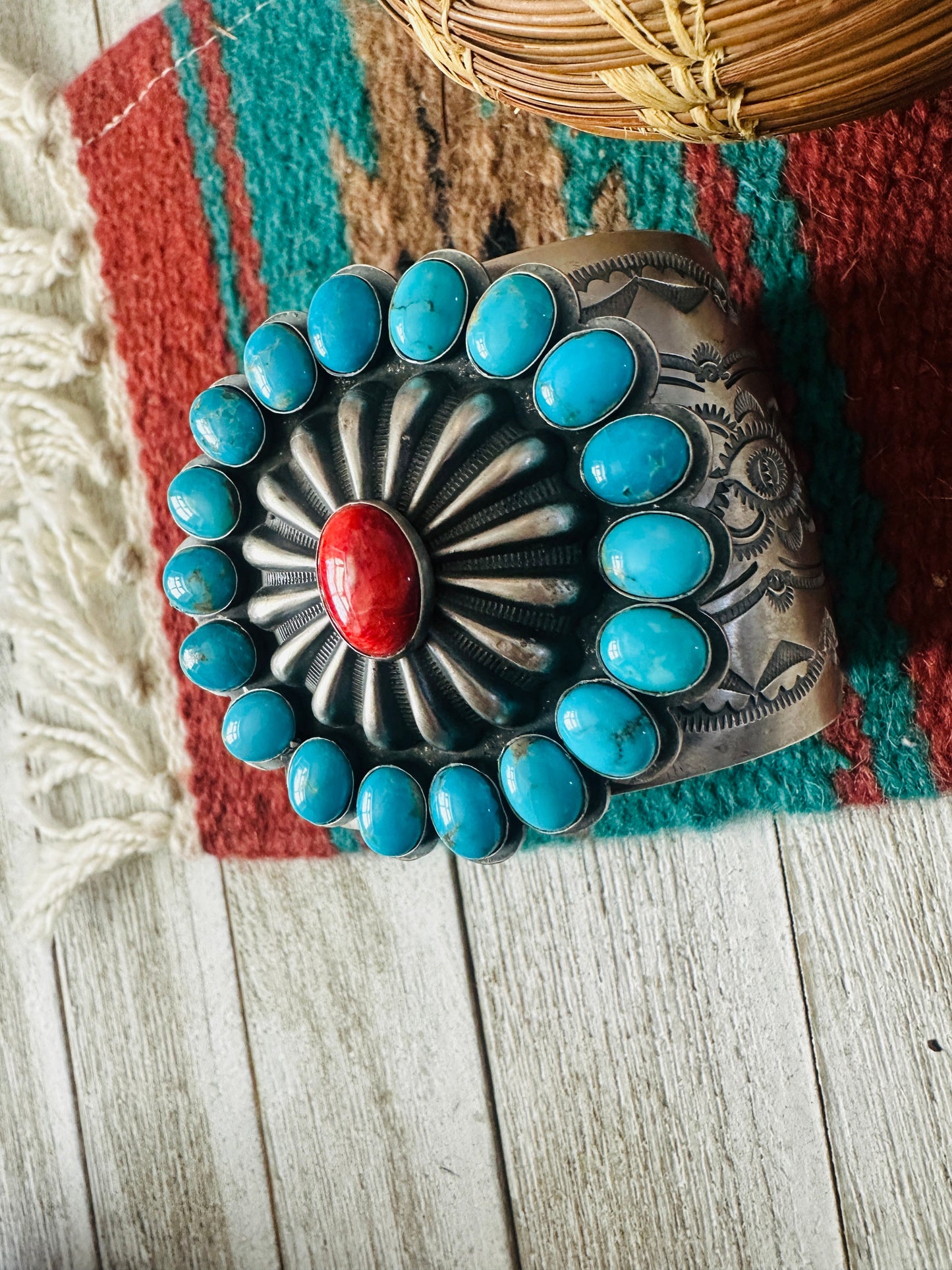 Handcrafted Turquoise, Spiny Sterling Silver Cuff Bracelet