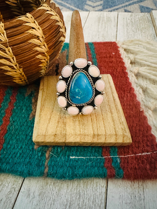 Handcrafted Sterling Silver, Queen Pink Conch & Turquoise Cluster Adjustable Ring