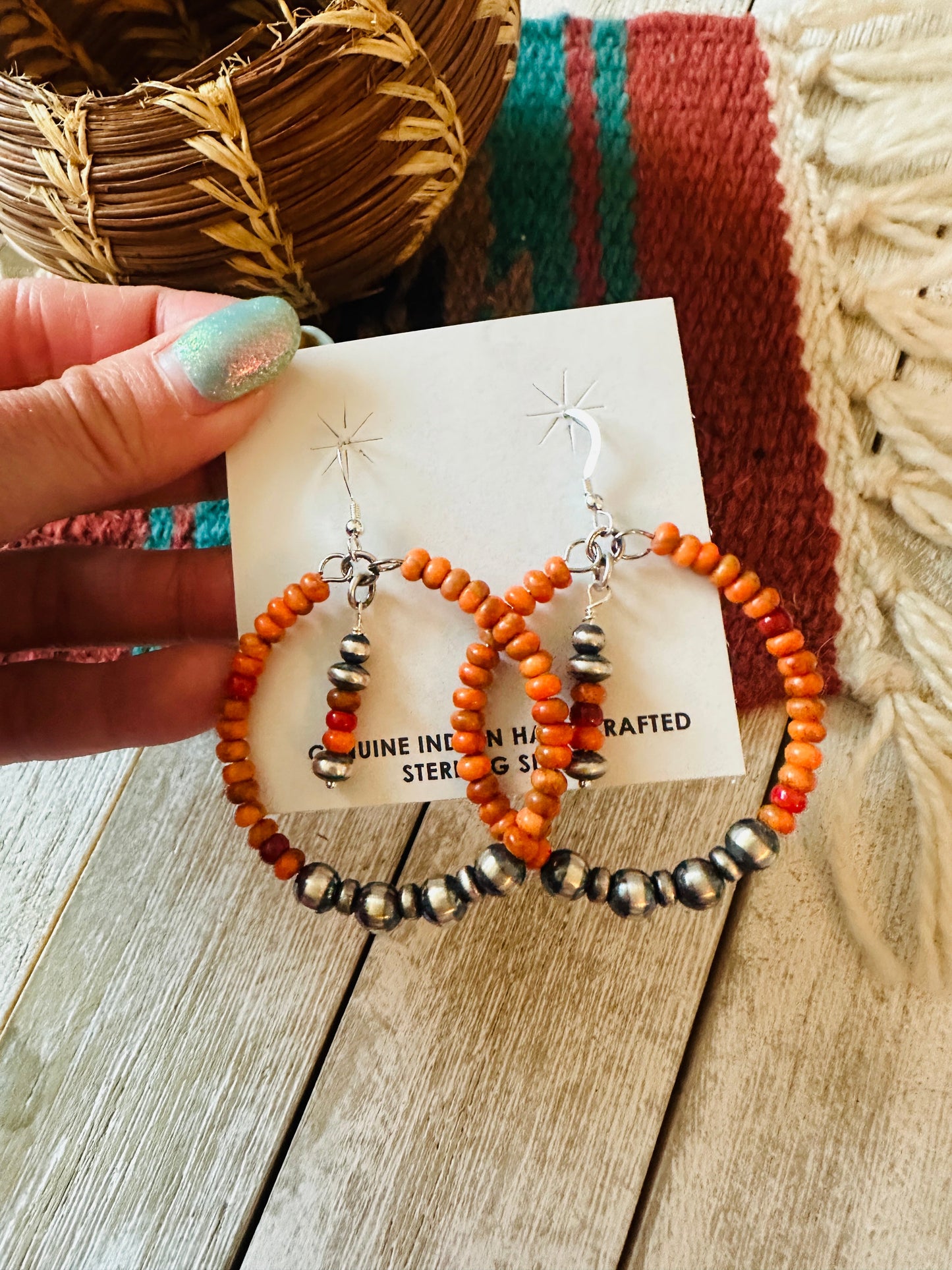Handcrafted Orange Spiny & Sterling Silver Pearl Beaded Hoop Earrings
