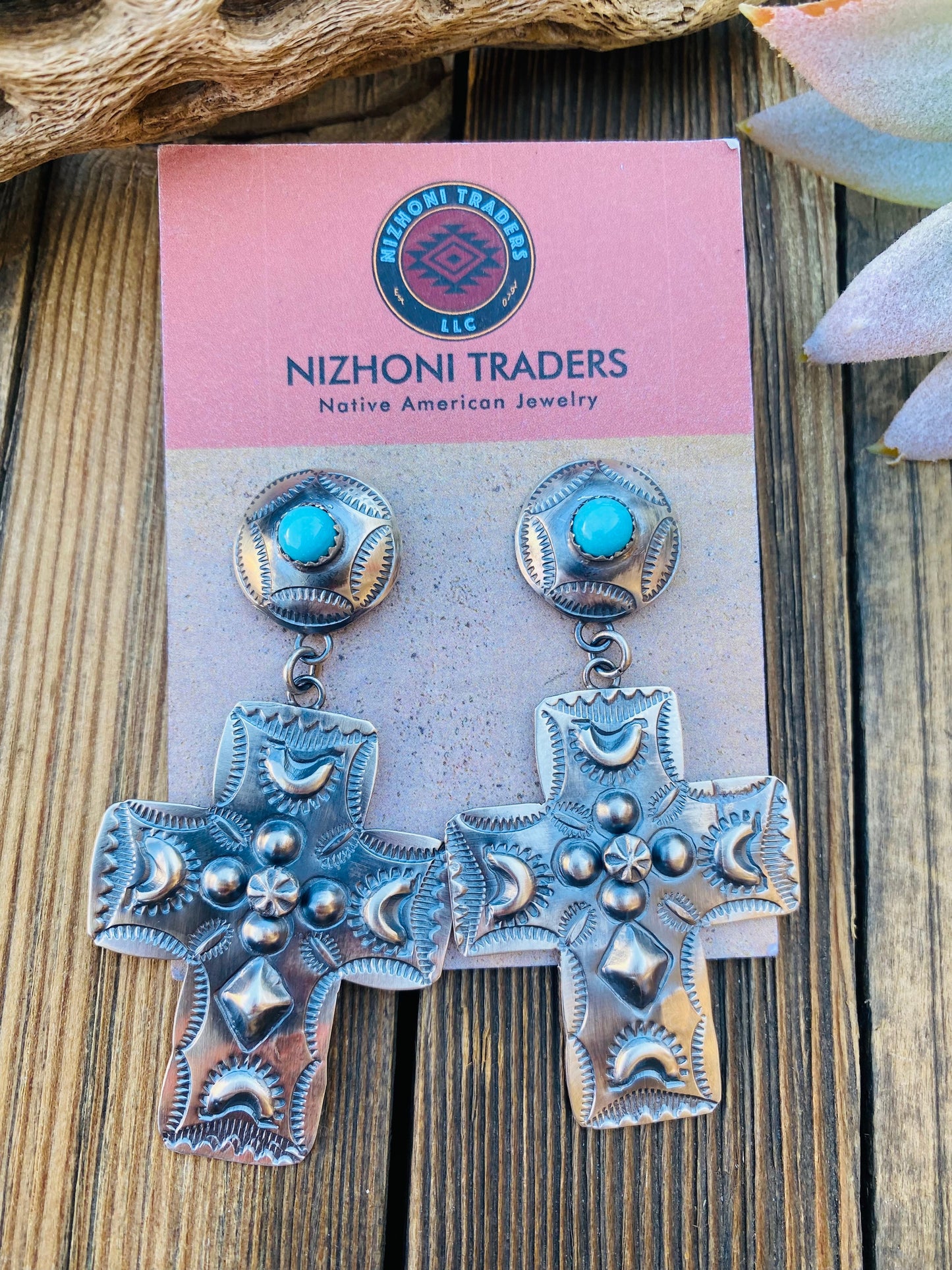 Navajo Hand Stamped Sterling Silver Cross Dangle Earrings By Tim Yazzie