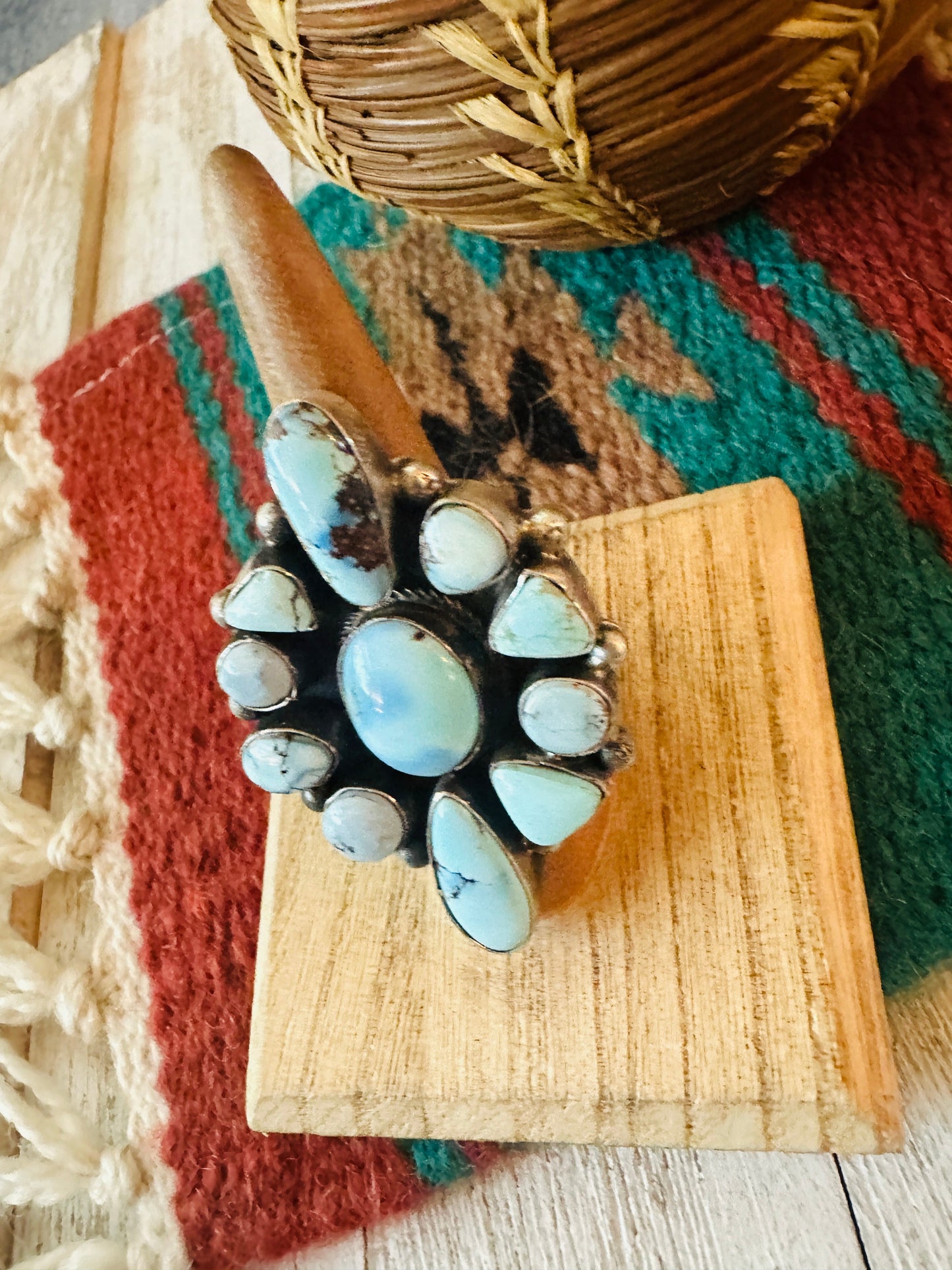 Handcrafted Golden Hills Turquoise & Sterling Silver Cluster Ring by Bobby Johnson, Size 7