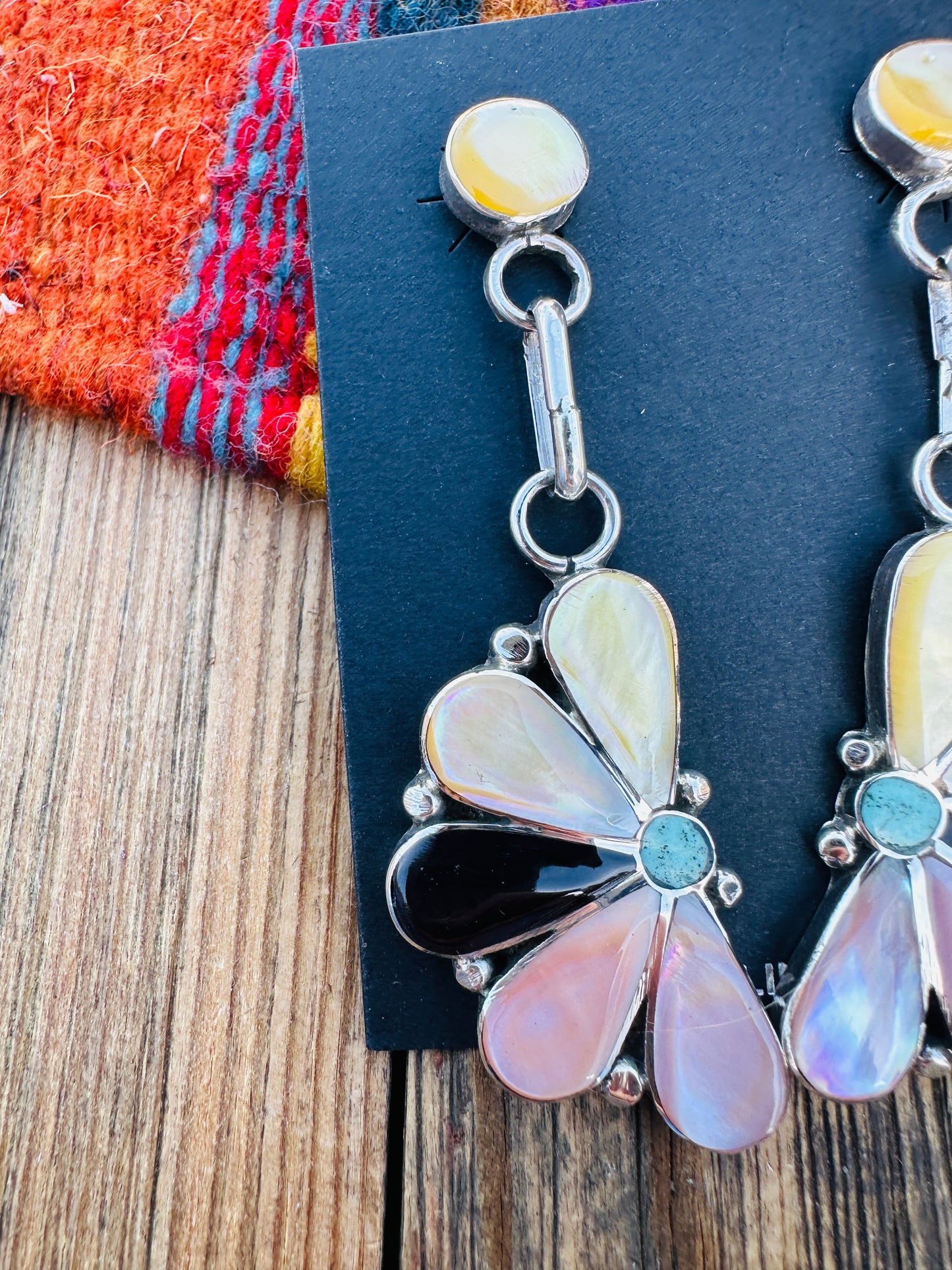 Handcrafted Sterling Silver, Mother of Pearl, Turquoise & Jet Inlay Flower Dangle Earrings