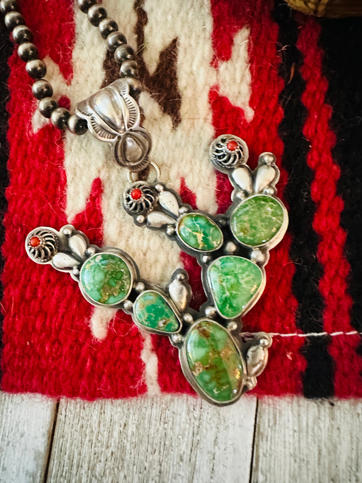 Handcrafted Turquoise, Coral and Sterling Silver Cactus Pendant by Charles Johnson