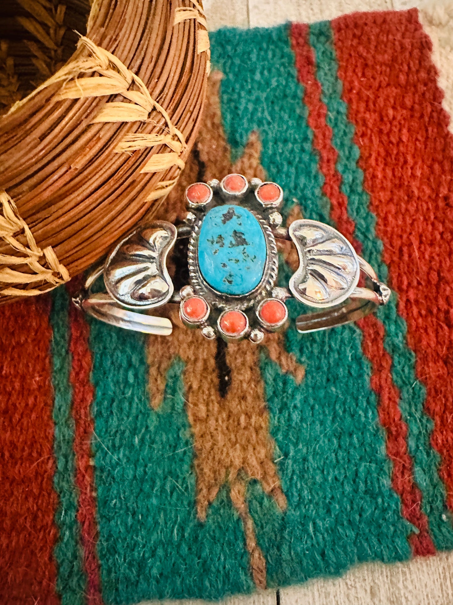 Handcrafted Turquoise, Coral & Sterling Silver Cluster Cuff Bracelet