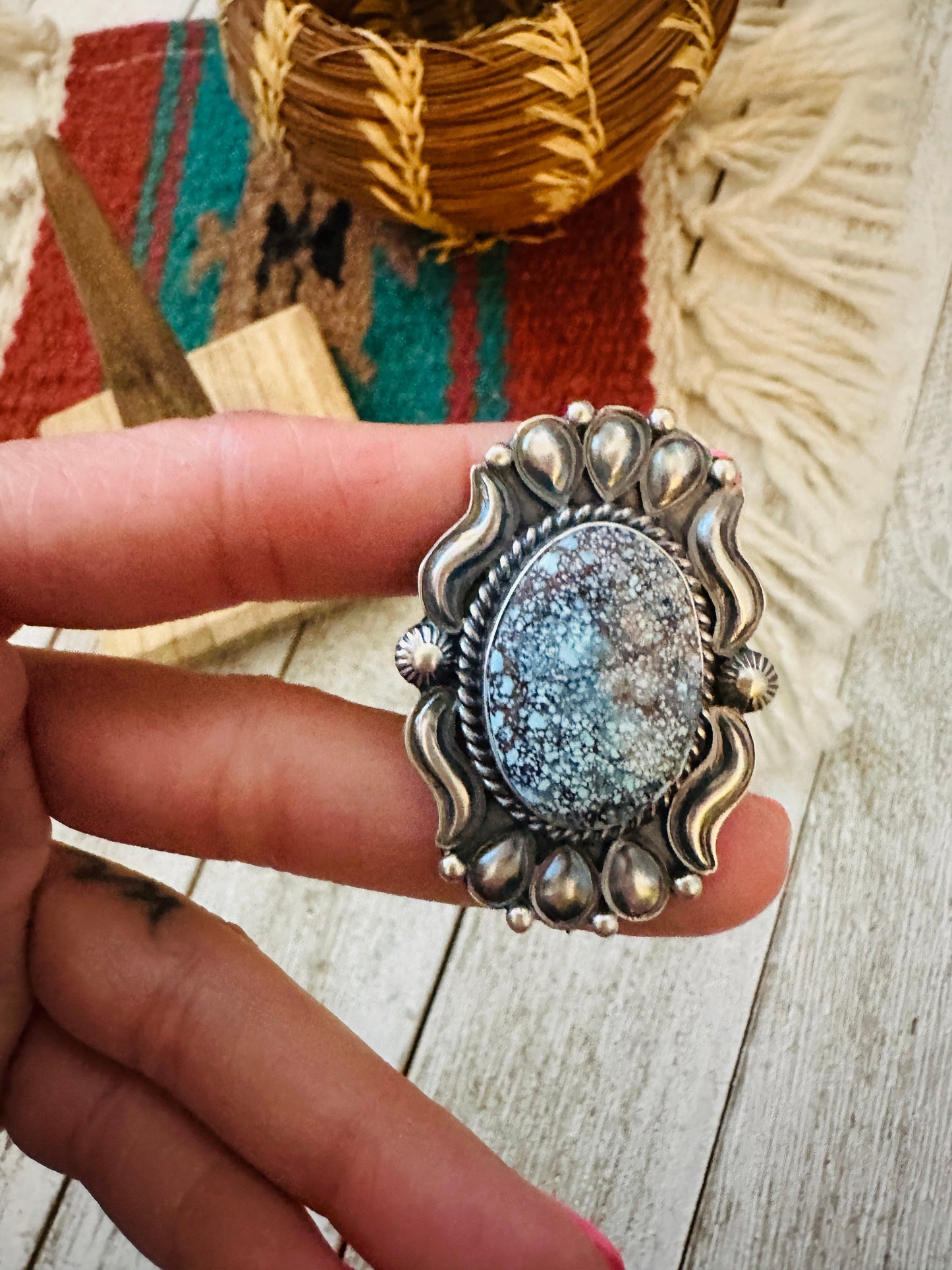 Handcrafted Kingman Web Turquoise & Sterling Silver Ring Size 10.5