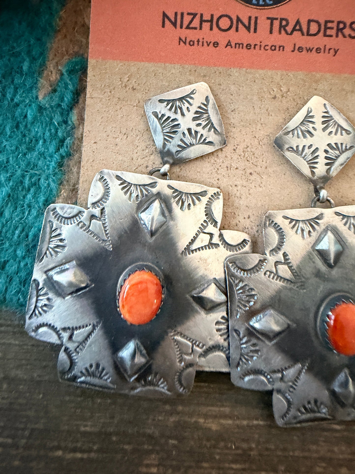 Handcrafted Orange Spiny Oyster & Sterling Silver Concho Dangle Earrings