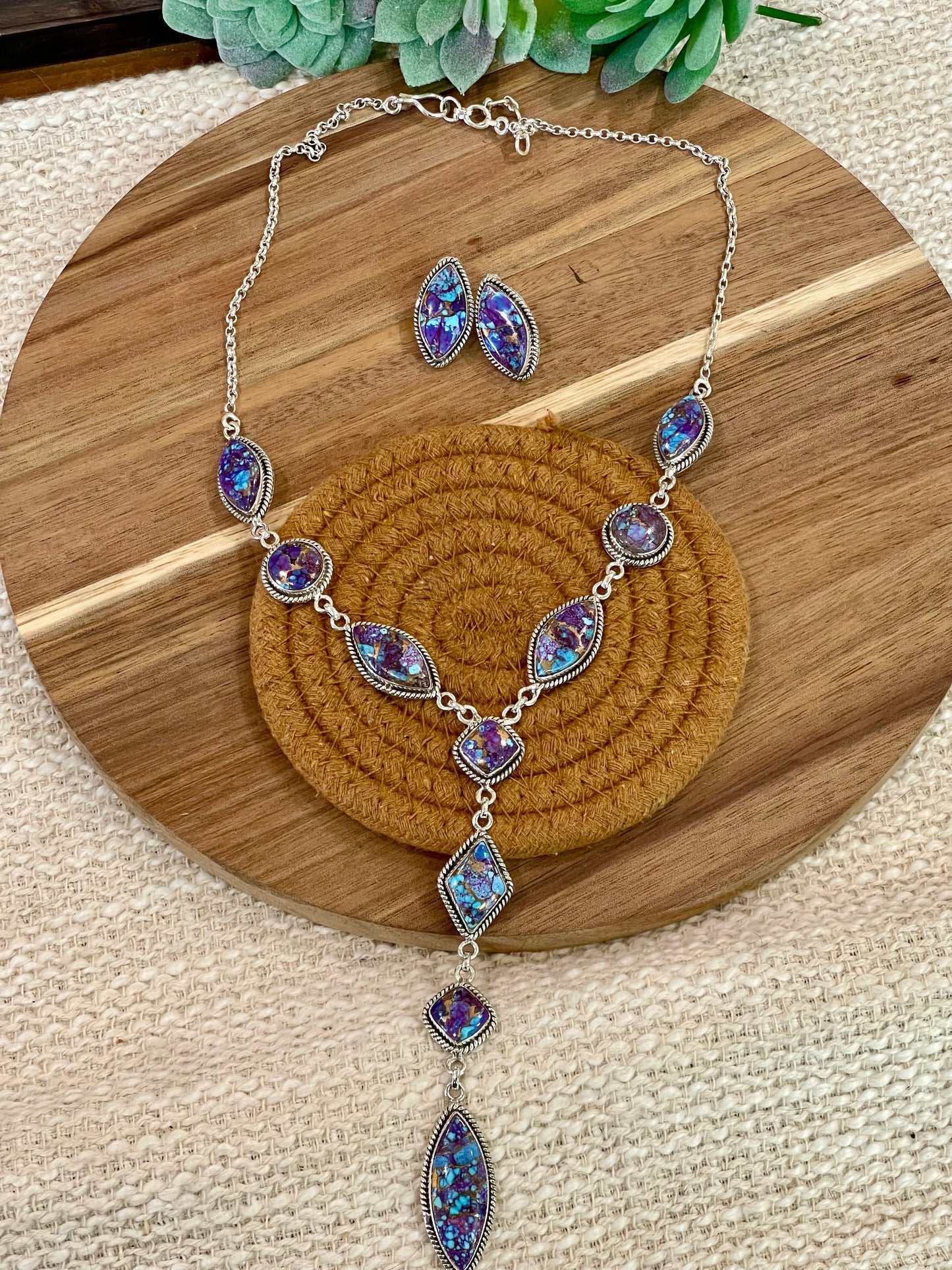 Handmade Sterling Silver & Purple Dream Mojave Necklace And Earrings Set Signed Nizhoni