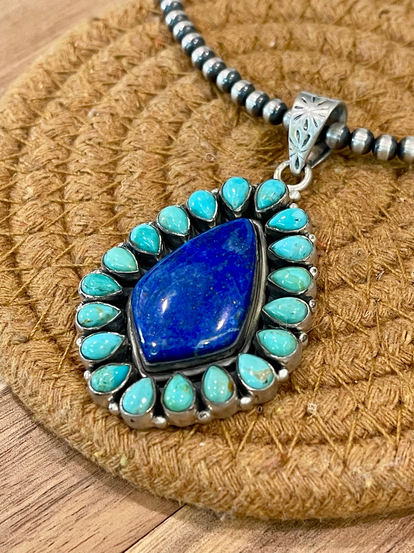 Handcrafted Sterling Silver, Lapis & Kingman Turquoise Cluster Pendant