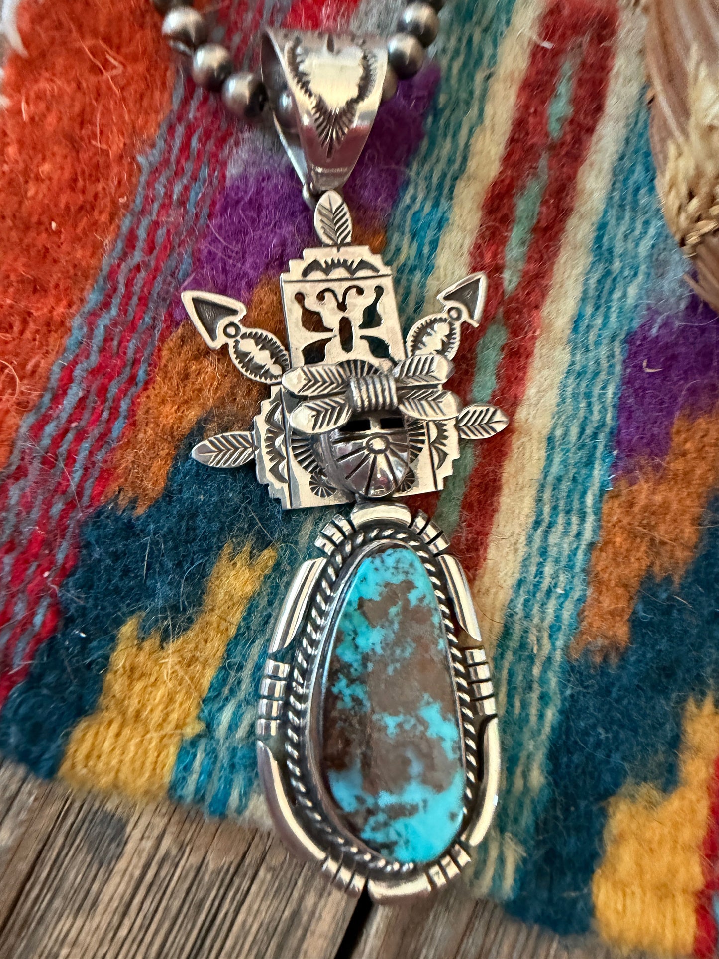 Handcrafted Sterling Silver and Valley Blue Turquoise Kachina Pendant by Freddy Charley