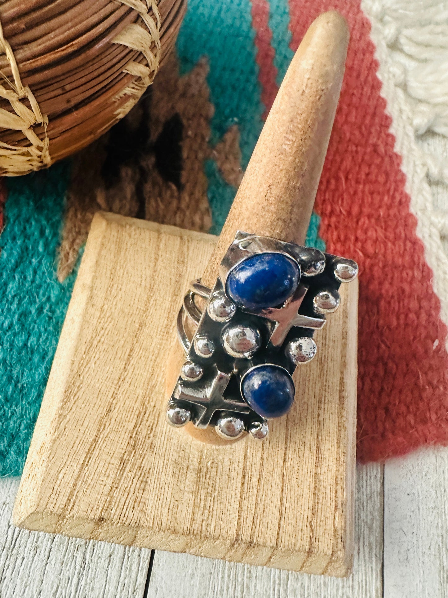 Navajo Lapis & Sterling Silver Cross Ring Size 8.25 by Chimney Butte