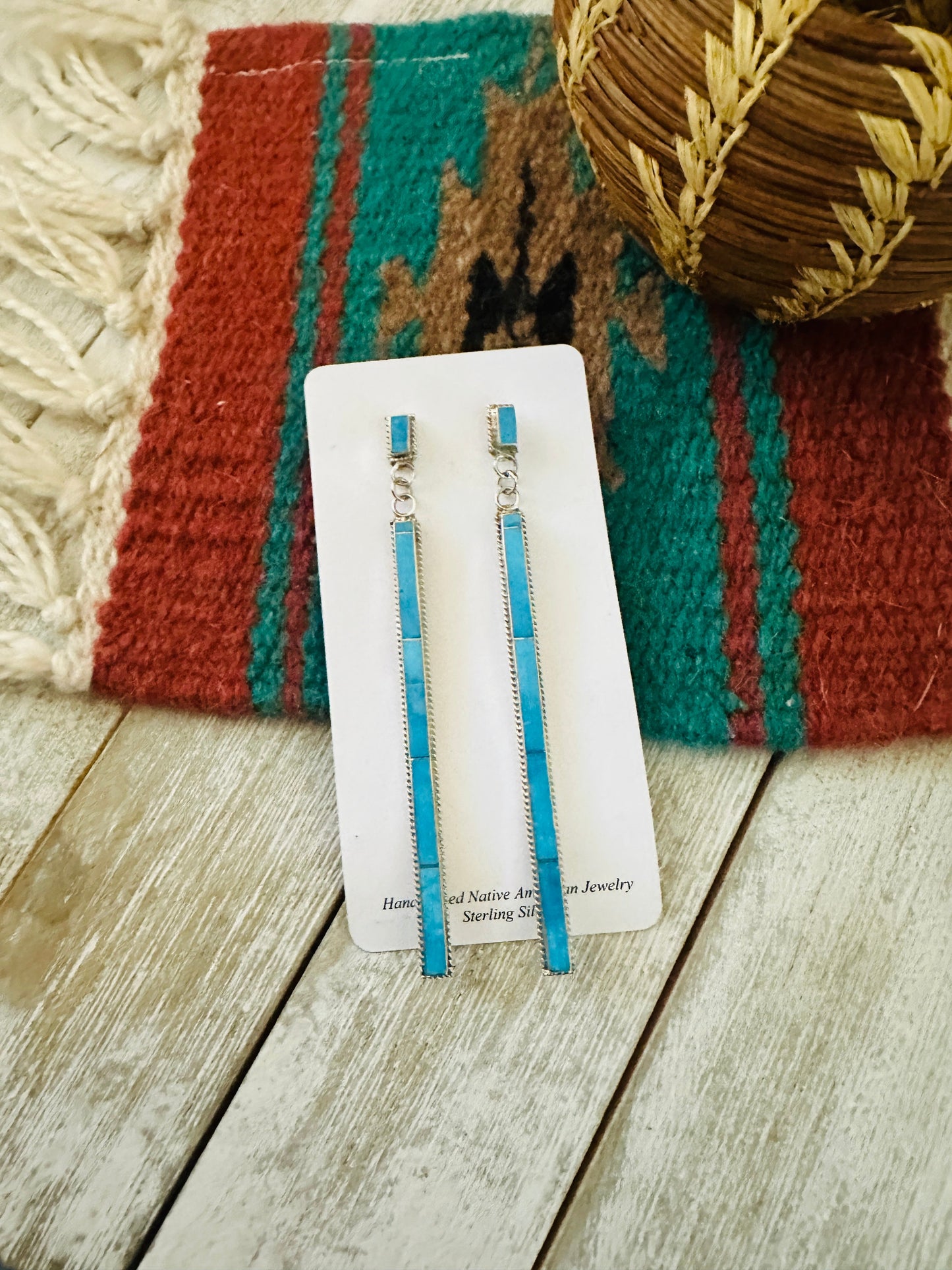 Handcrafted Sterling Silver & Kingman Turquoise Inlay Dangle Earrings by Ricky Booqua