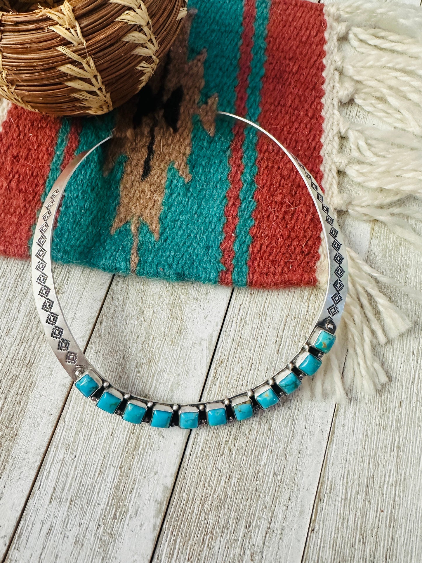 Handcrafted Turquoise & Sterling Silver Choker Collar Necklace by Leroy James
