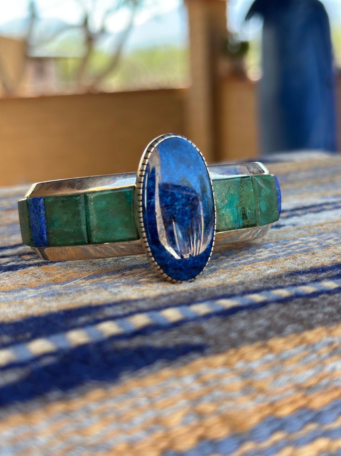 Old Pawn Lapis and Malachite Inlay Cuff by artists Michael and Causandra Dukepoo /