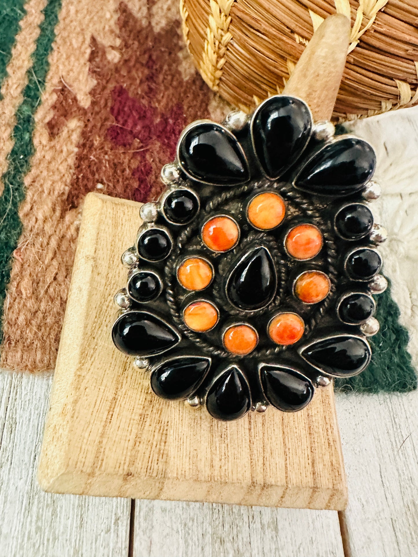 Handcrafted Sterling Silver, Onyx & Spiny Cluster Adjustable Ring