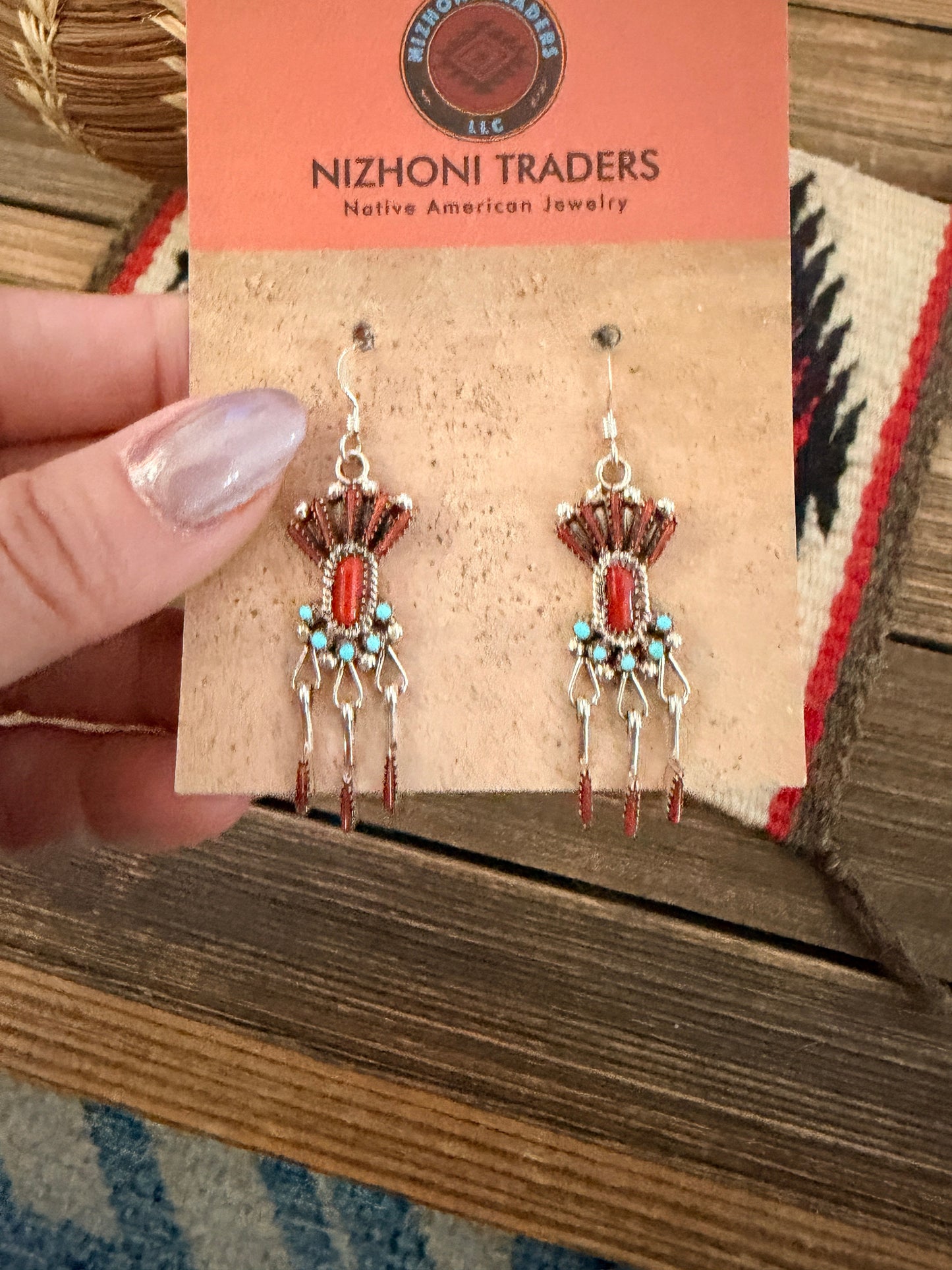 Handcrafted Coral, Turquoise & Sterling Silver Needlepoint Dangle Earrings