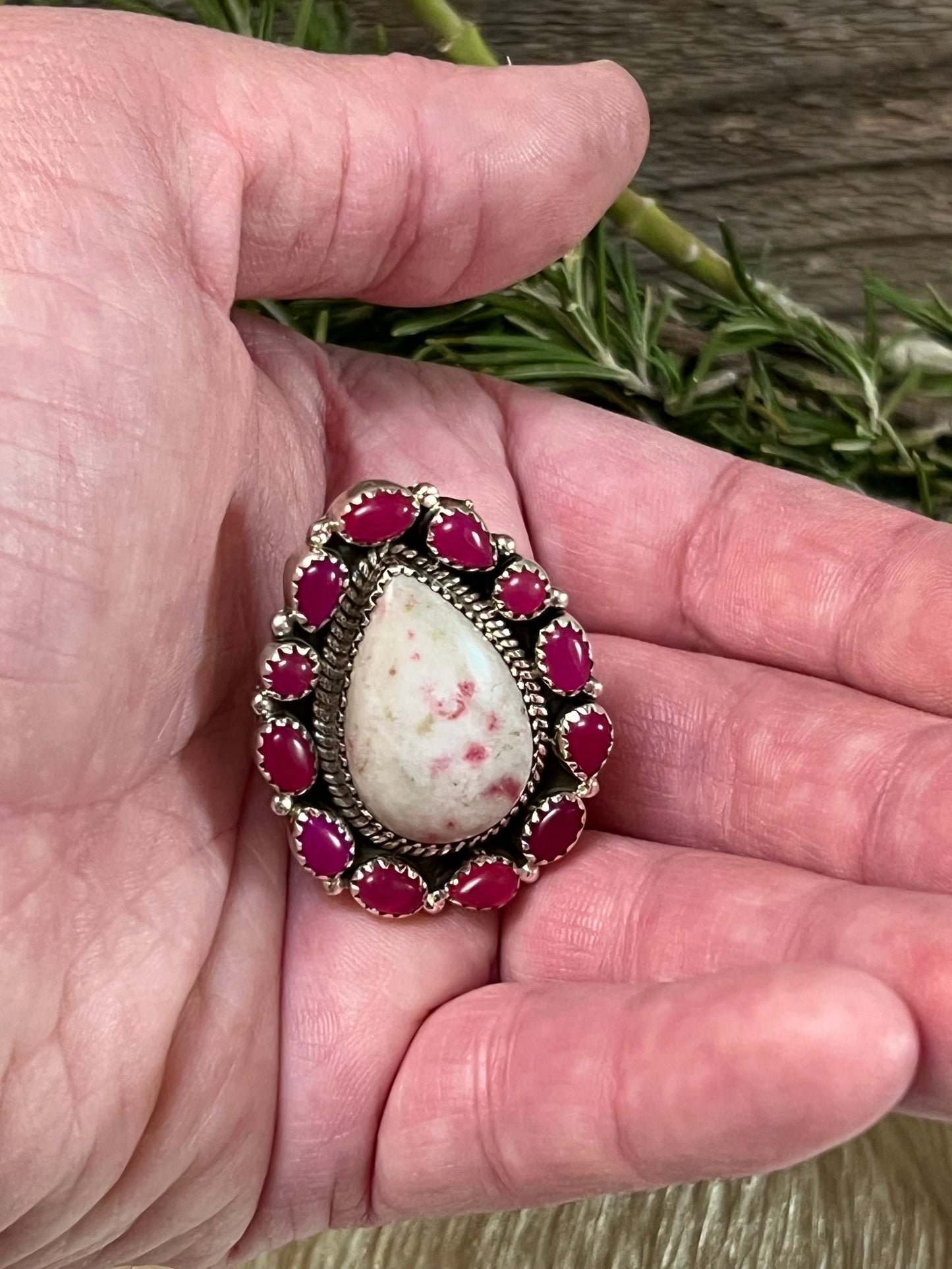Handmade Pink & White Opal Sterling Silver Adjustable Ring