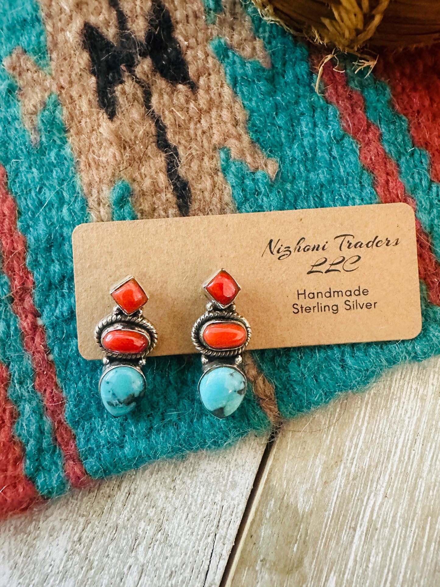 ** Christmas Collection ** Handmade Sterling Silver, Coral & Turquoise Earrings Signed Nizhoni