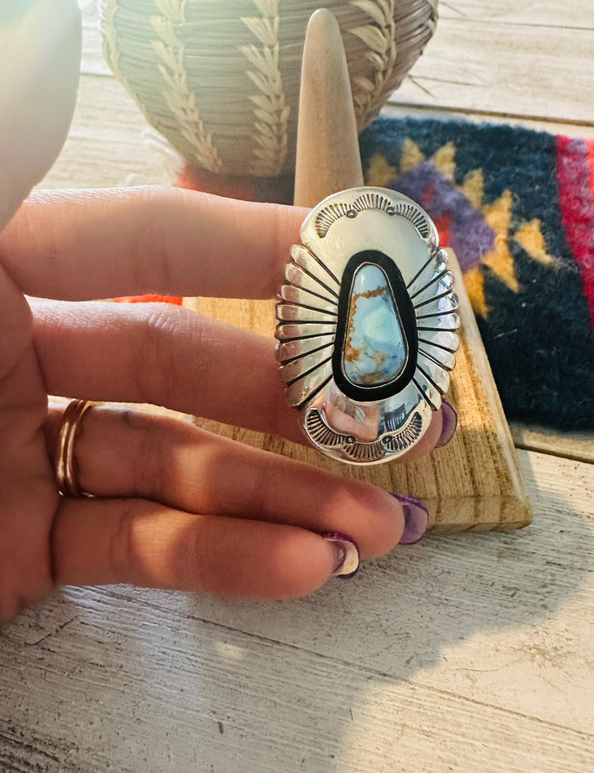 Navajo Golden Hills Turquoise & Sterling Silver Shadowbox Ring Size 7.5