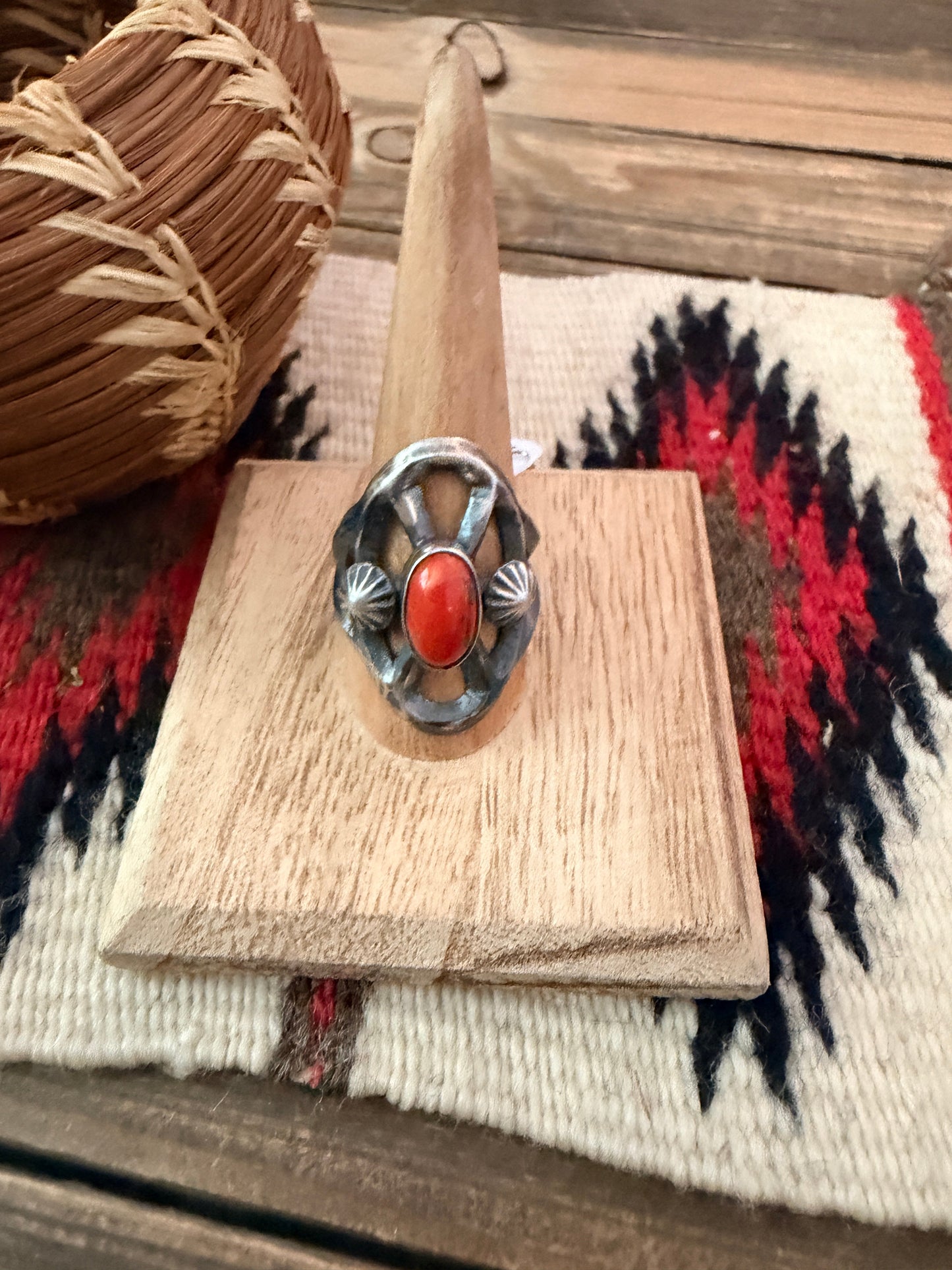 Handcrafted Coral and Sterling Silver Ring size 10 by Chimney Butte
