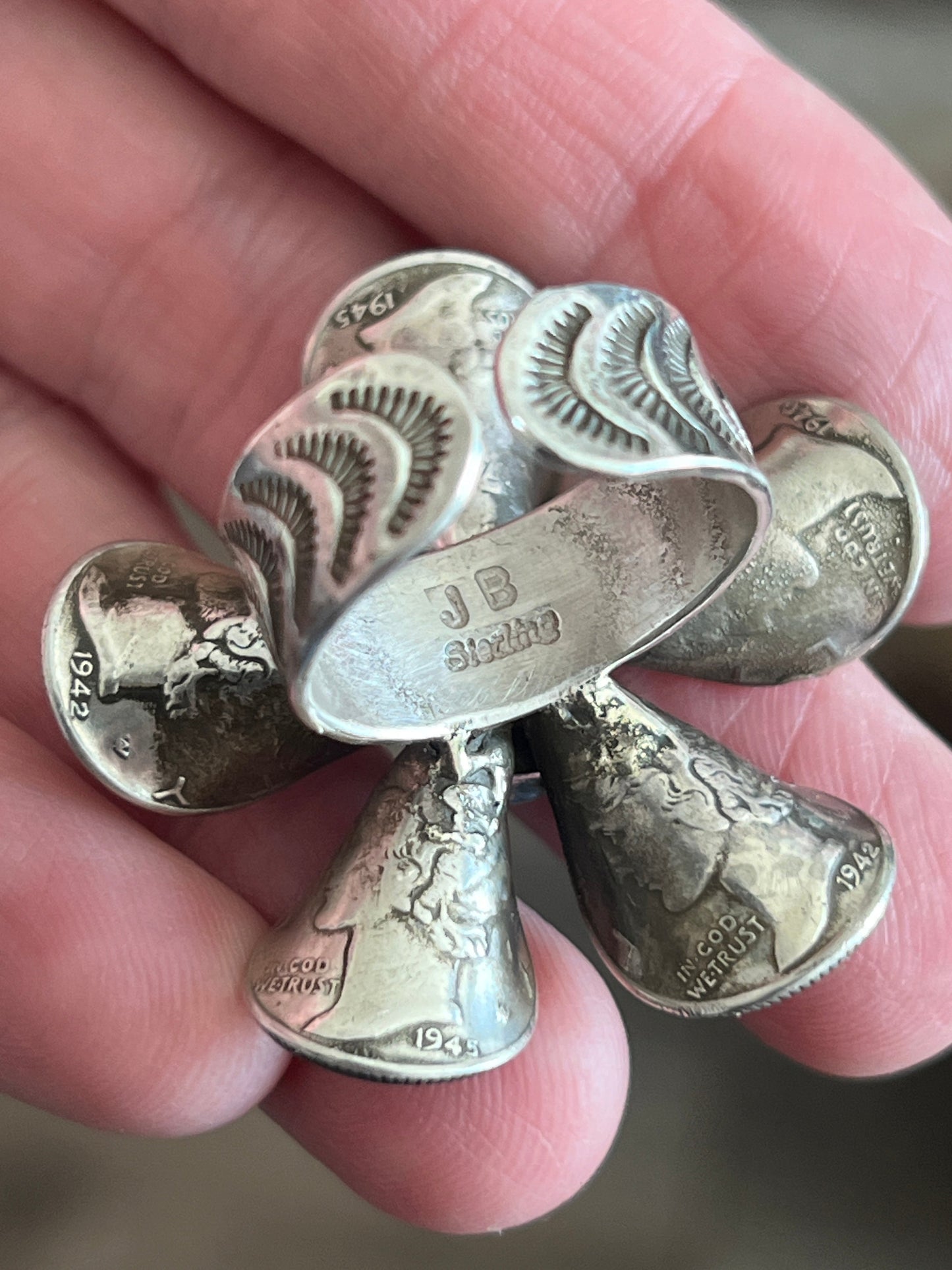 Handcrafted Sterling and Coin Silver Mercury Dime Flower Ring with Orange Spiny Oyster by James Begay, Adjustable