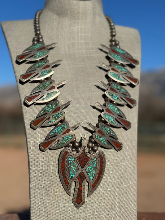 Estate Collection Old Pawn Handcrafted Turquoise & Coral Sterling Silver Chip Inlay Thunderbird Squash Blossom Necklace