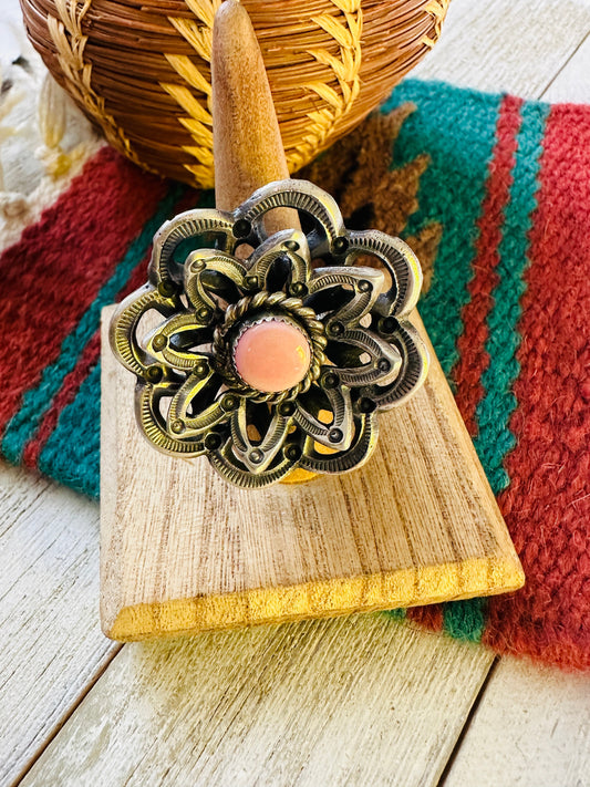 Handcrafted Sterling Silver & Queen Pink Conch Shell Adjustable Flower Ring by Kevin Billah