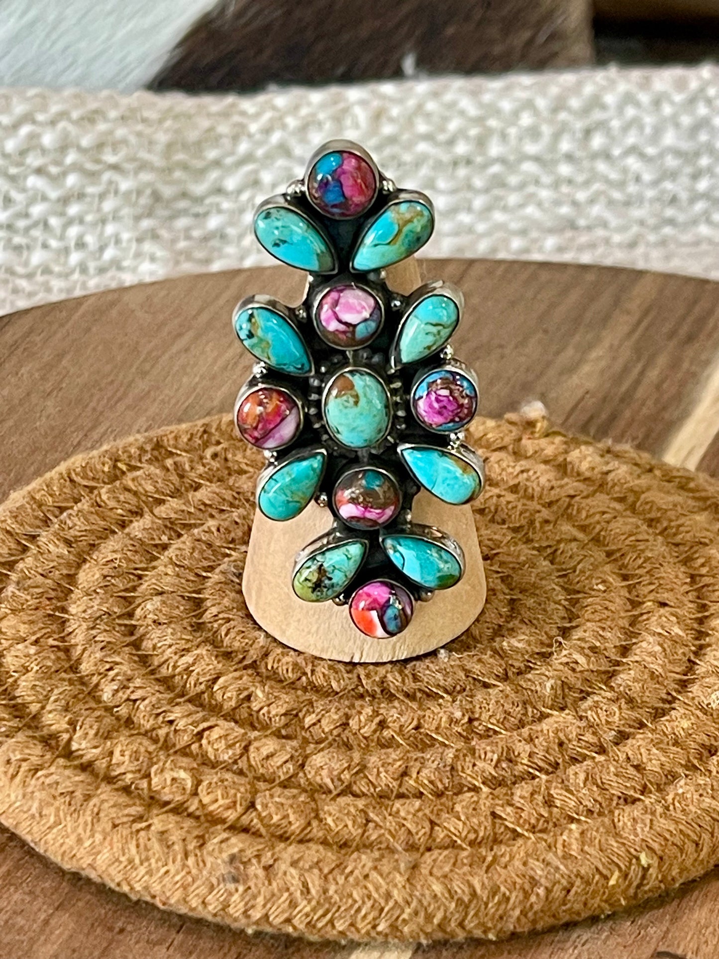 Handcrafted Sterling Silver & Multi Stone Adjustable Cluster Ring