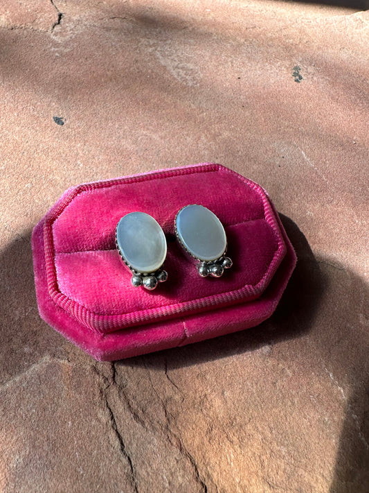 Handmade Mother of Pearl and Sterling Silver Post Earrings Signed Nizhoni