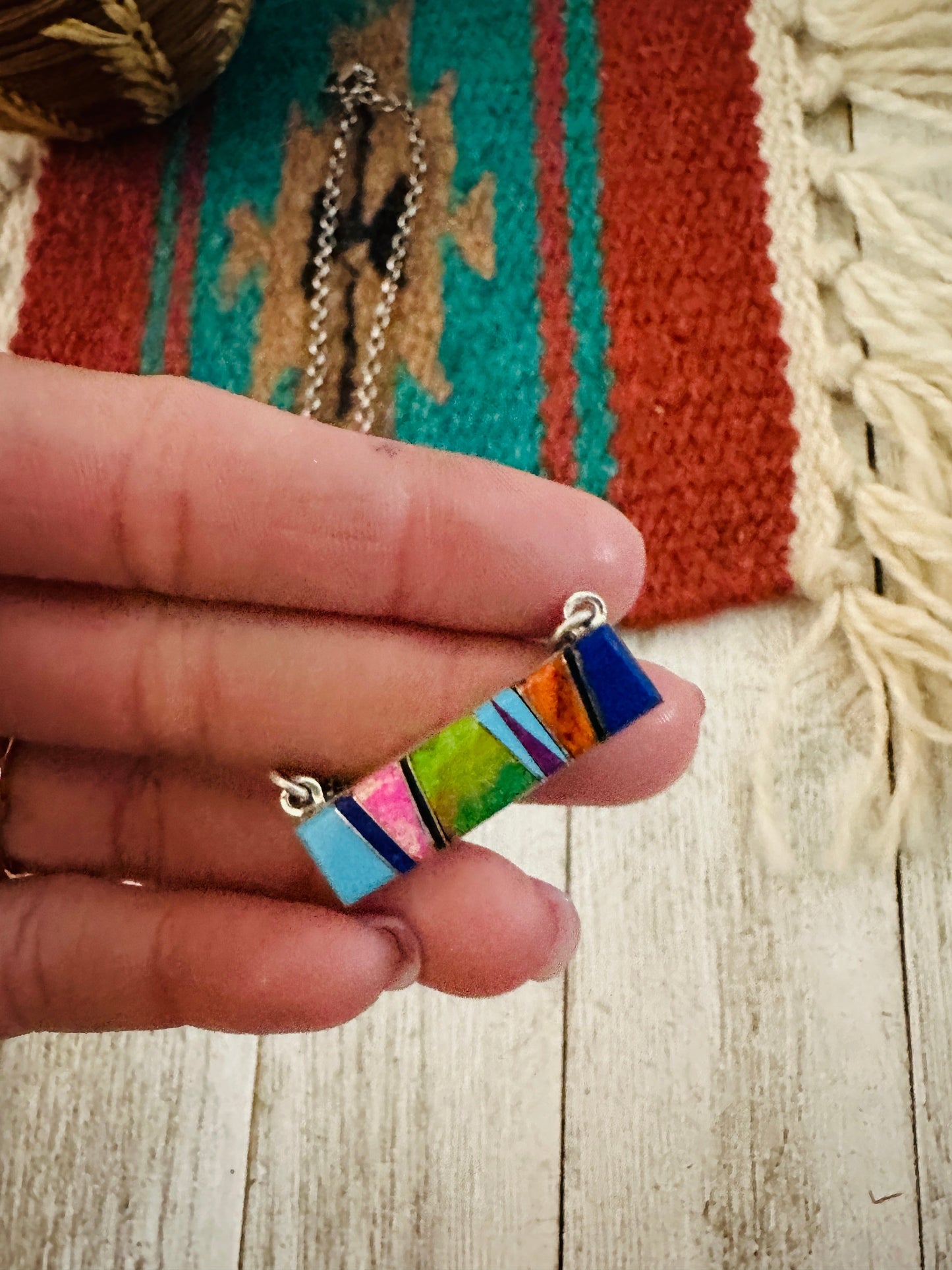 Handcrafted Multi Stone & Sterling Silver Inlay Bar Necklace