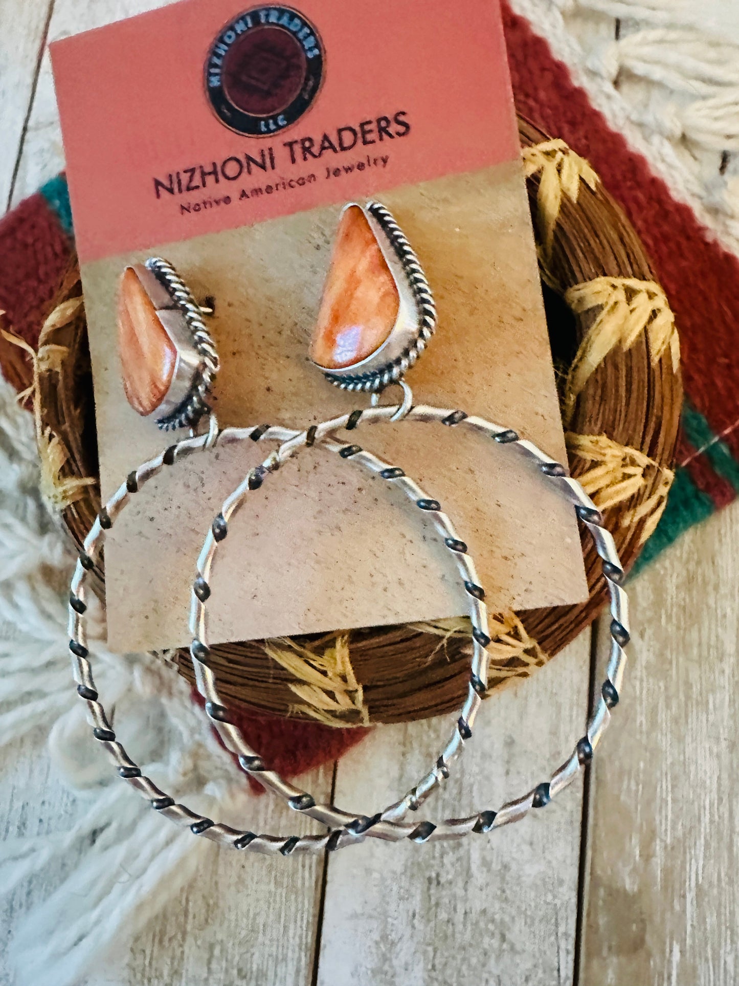 Handcrafted Orange Spiny and Sterling Silver Dangle Hoop Earrings
