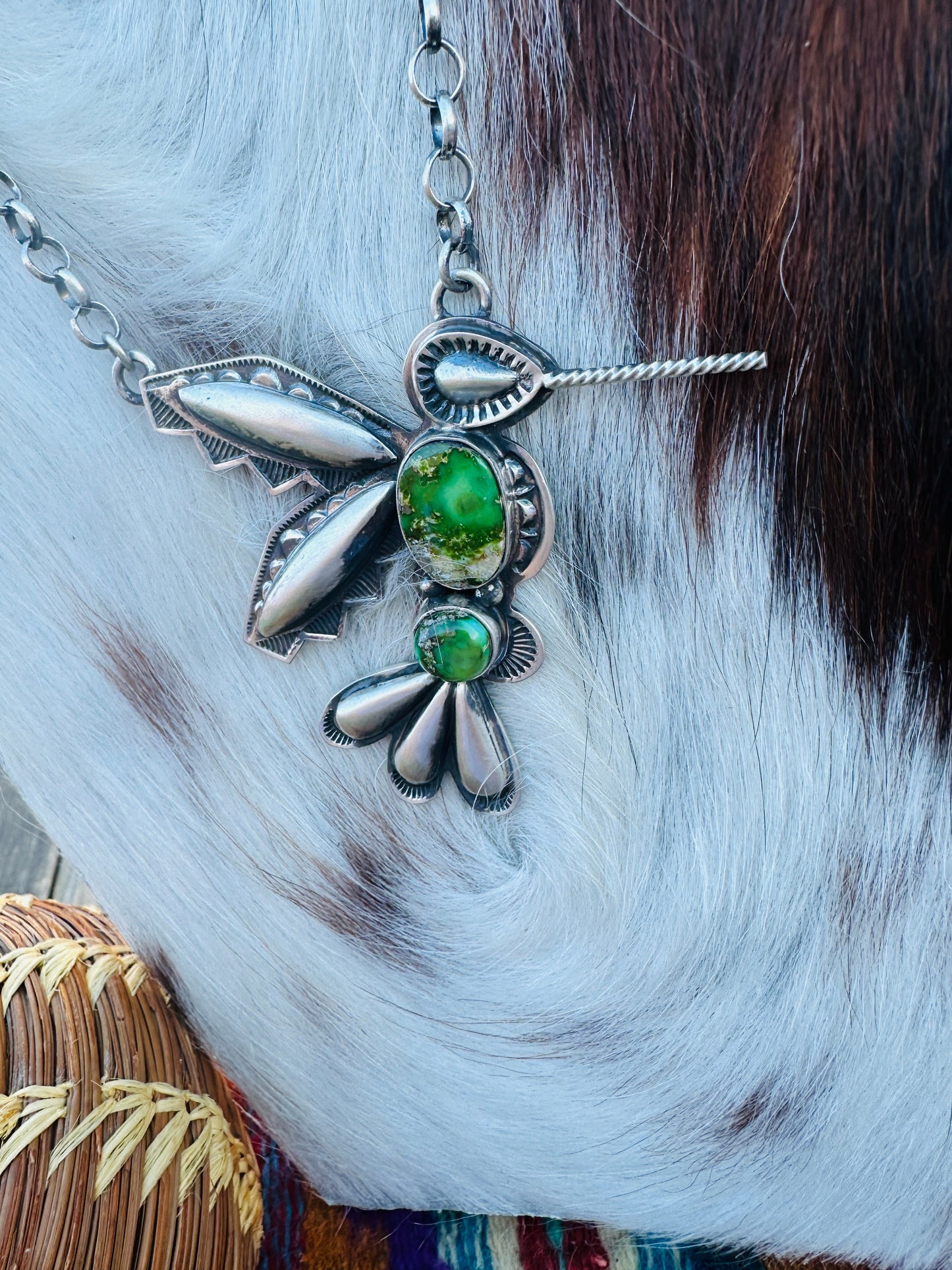 Handcrafted Sonoran Gold Turquoise & Sterling Silver Hummingbird Necklace by Charles Johnson