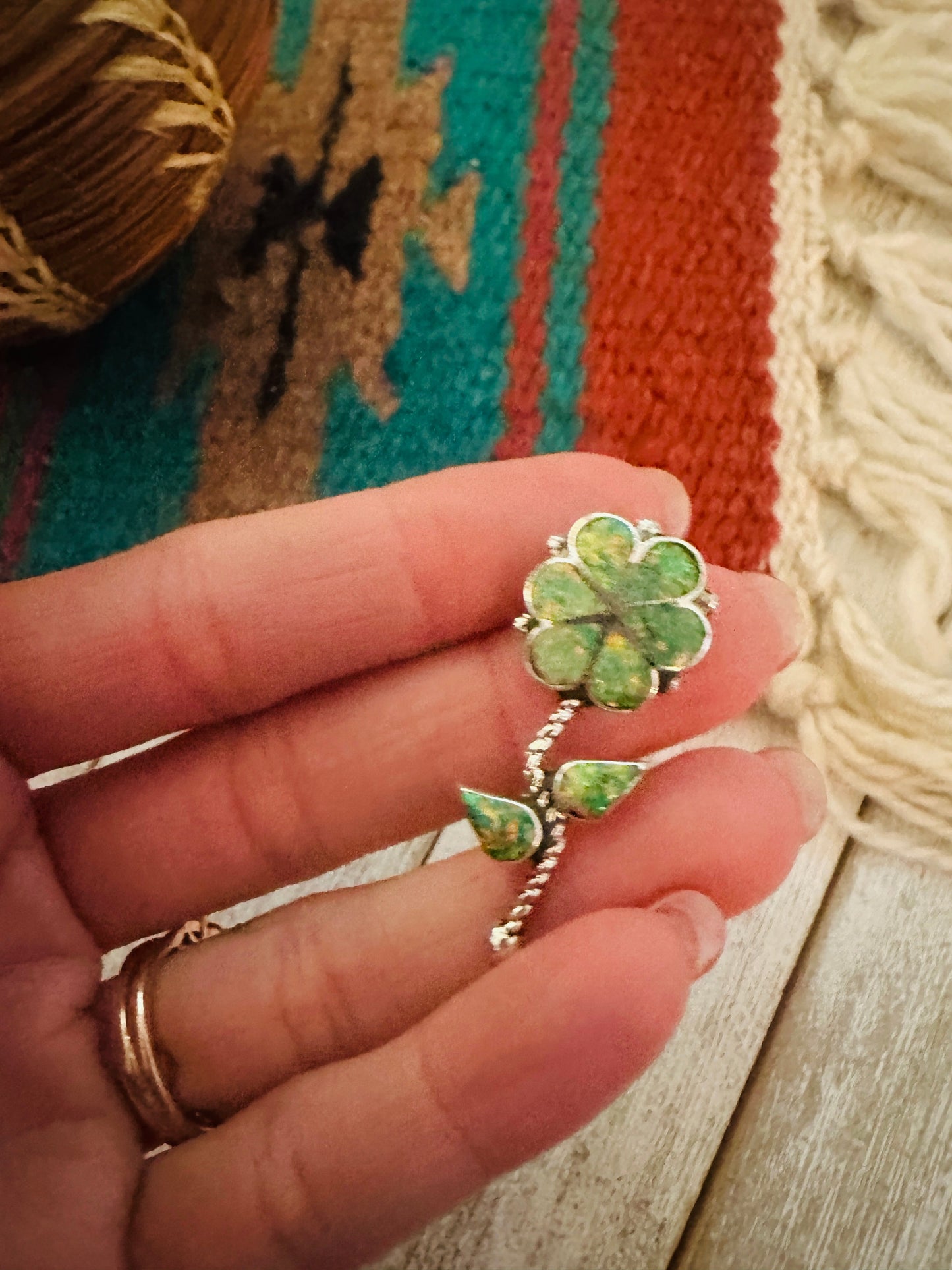 Handcrafted Green Opal & Sterling Silver Inlay Flower Pendant